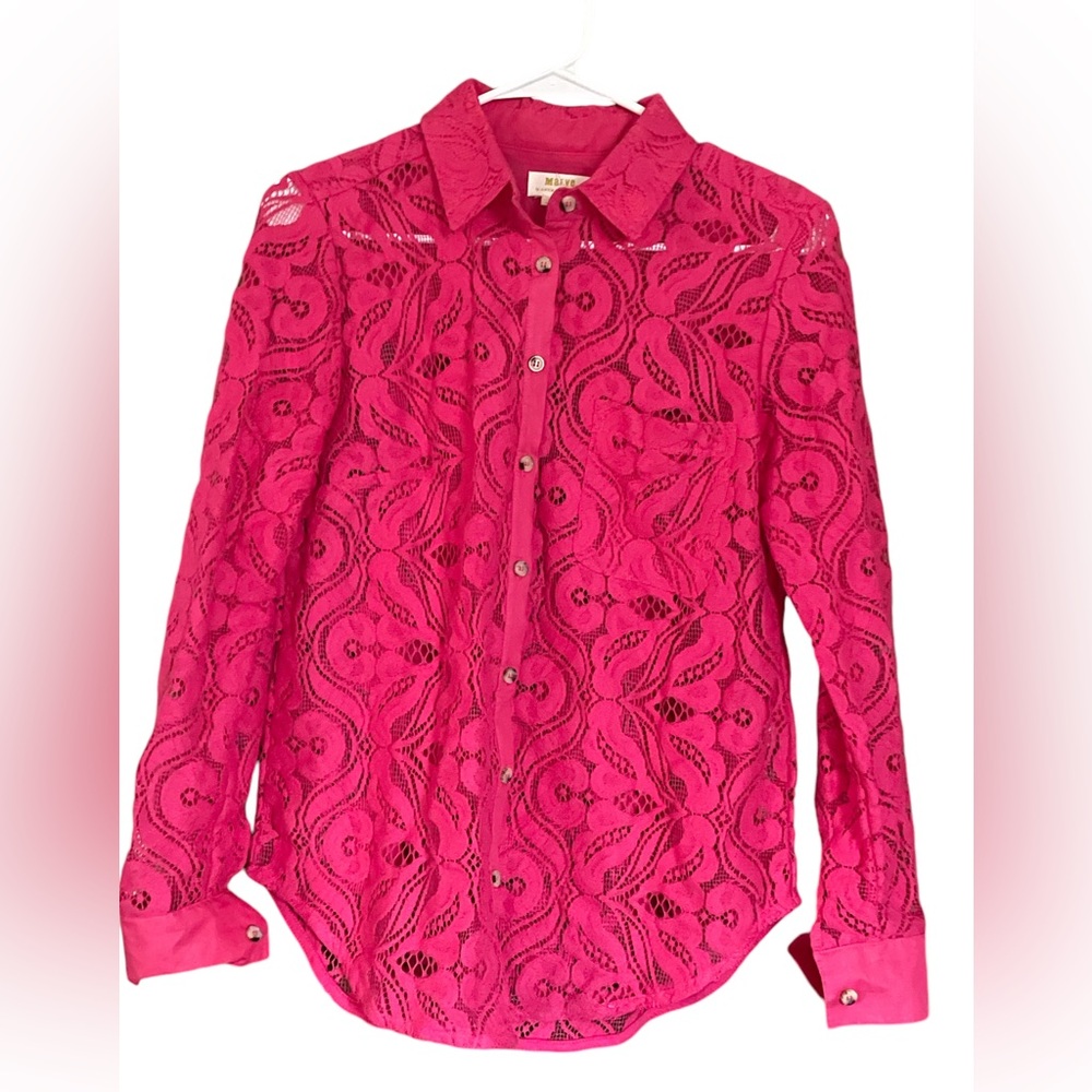 Anthropologie Maeve Womens Pink Rose Floral Lace Button Down Top Size 4